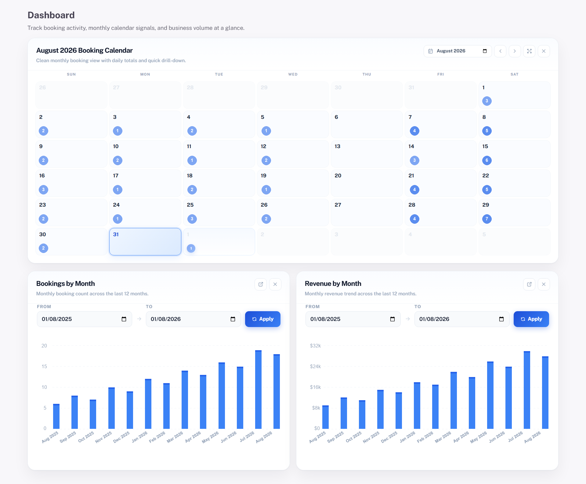 Month booking calendar with daily totals and day drill-down