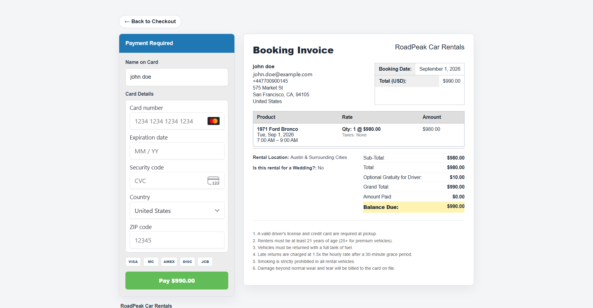 Secure Stripe checkout and recorded payments against a booking