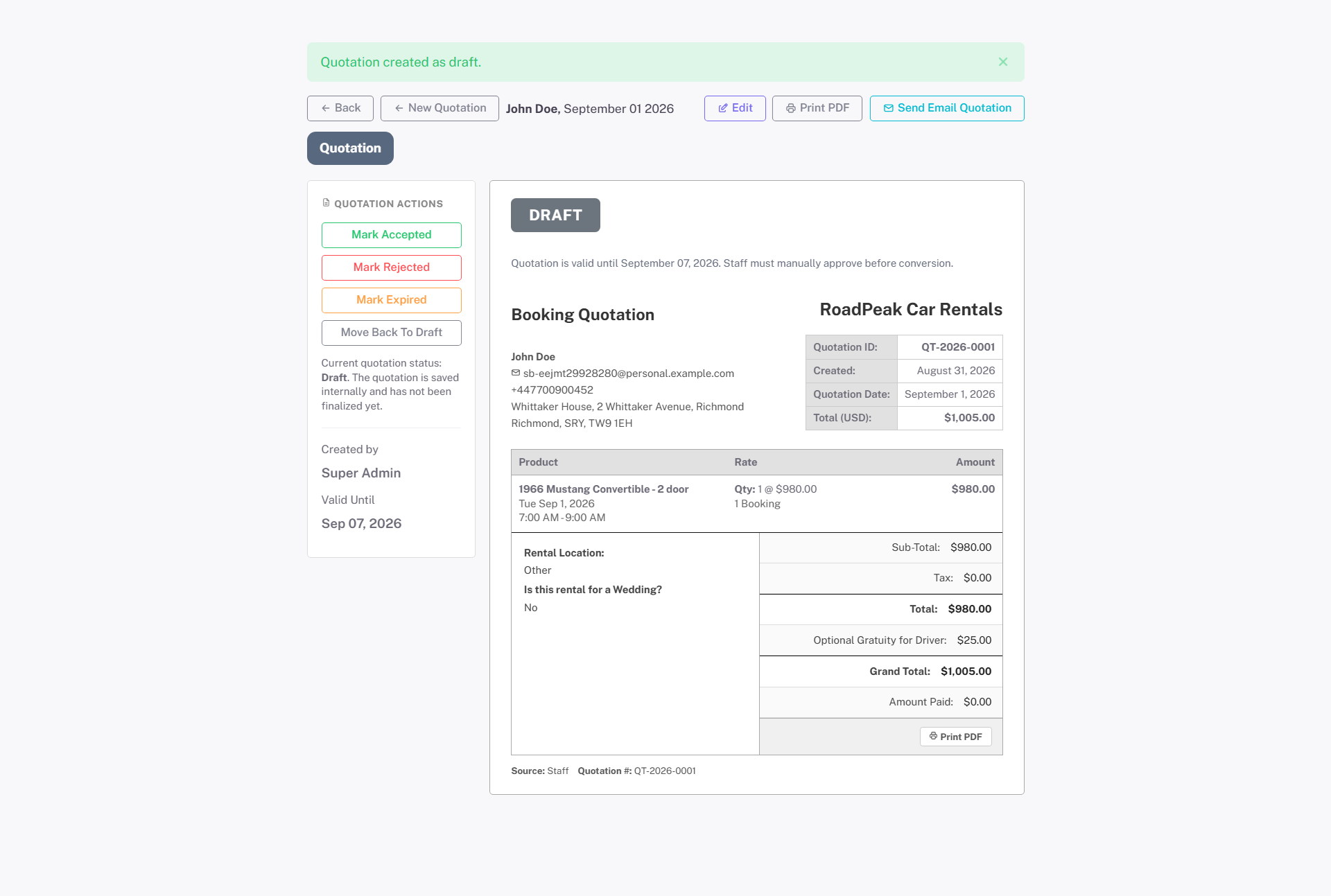 A quotation with a vehicle line item, totals and a download PDF button