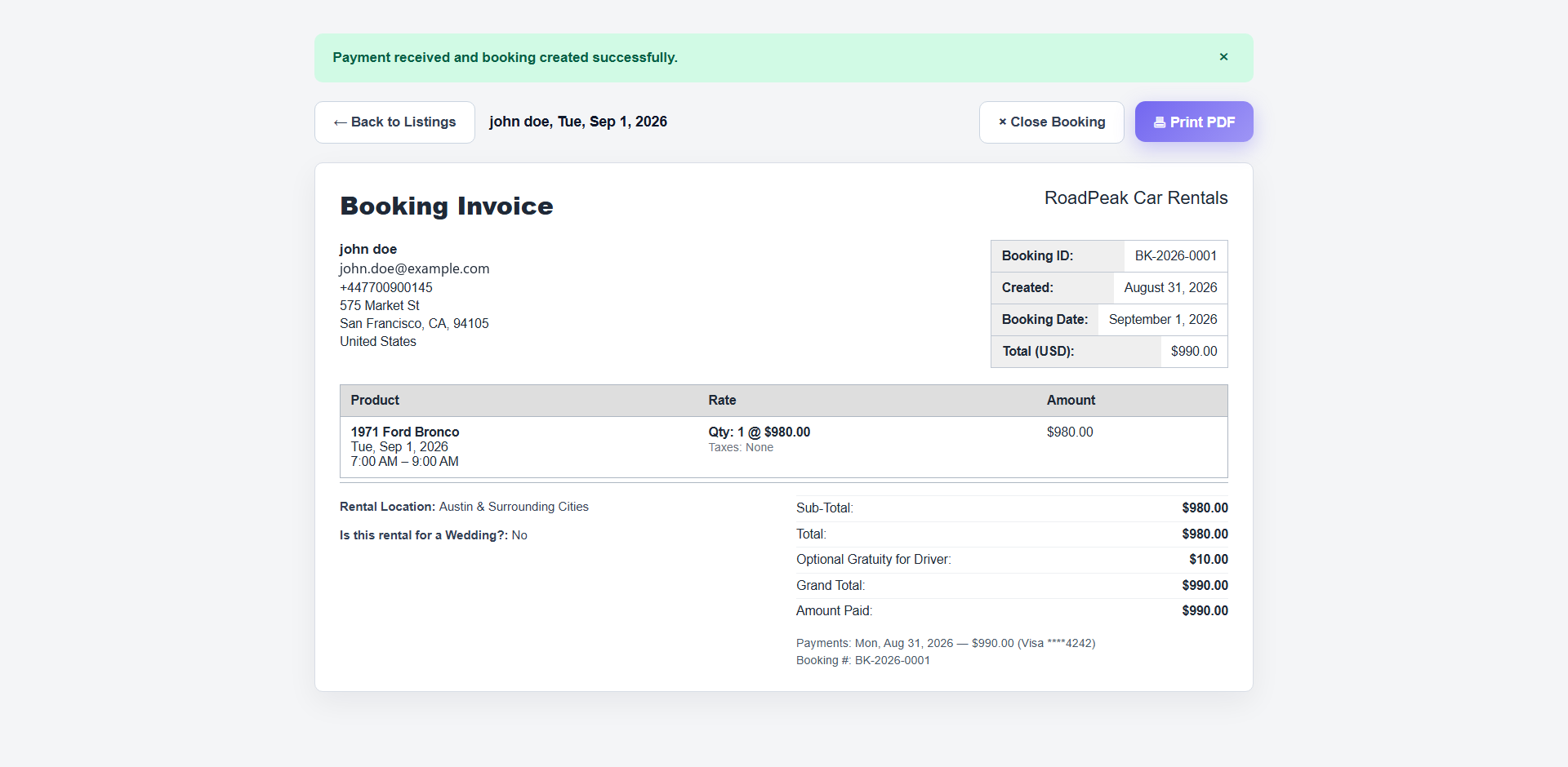 Booking confirmation with a branded invoice, sent to the customer automatically